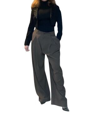High Waisted Brown Wide Leg Trousers Pleated Tailored Pants - Small